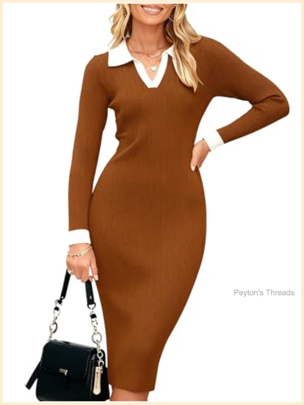 Women's Ribbed Knit Sweater Midi Dress V Neck Long Sleeve Bodycon Slit